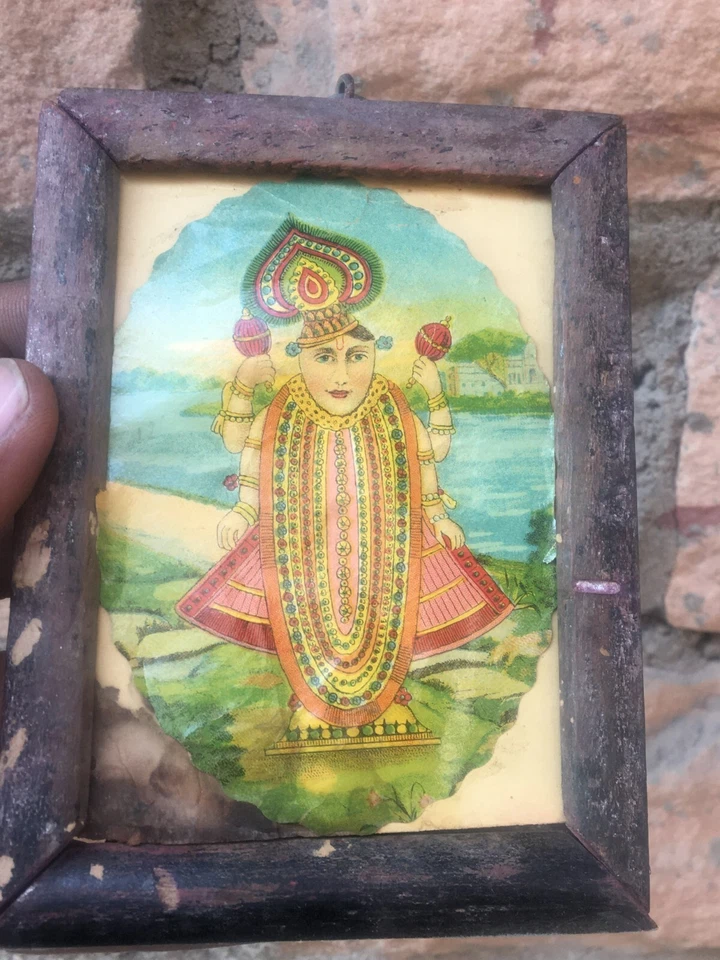 Estampado Shrinathji de Dios Antiguo De Colección en Pequeño Marco de Madera Decorativo Sin Vidrio Foto 4 de 4