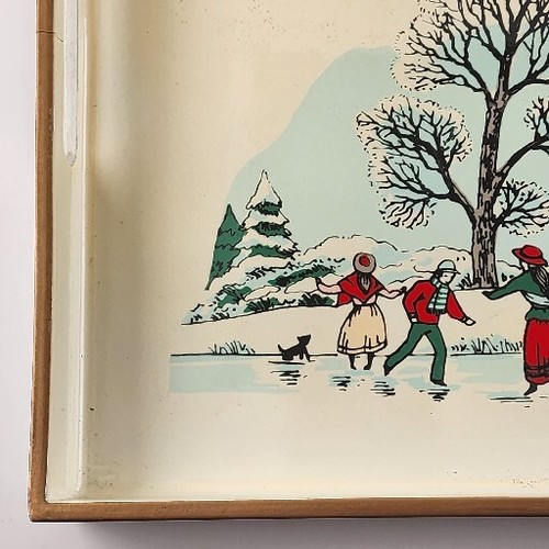 Vassoio da portata giapponese laccato bianco anni 70 angoli quadrati 16"x10" pattinaggio su ghiaccio - Foto 6 di 13