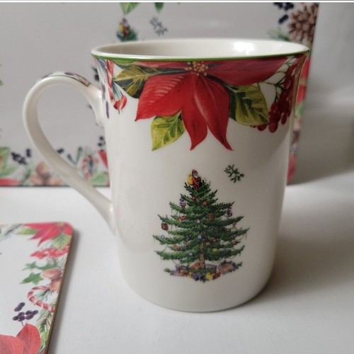 Spode Christmas Tree Annual 5pc 12oz Mug Tin Coasters Set Drinkware Poinsettias - Picture 3 of 5