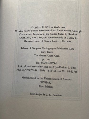 The Alienist by Caleb Carr (1994, Hardcover) Printed First Edition - Picture 7 of 10