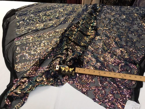 RAINBOW IRIDESCENT CLASSIC SEQUIN DESIGN ON A 4 WAY STRETCH BLACK MESH-BY YARD. - Picture 7 of 8