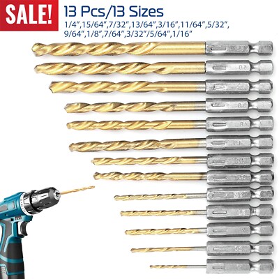 13PCS Twist Drill Bit Set Metal Titanium 1/16&quot;-1/4&quot; Hex Shank Bits 