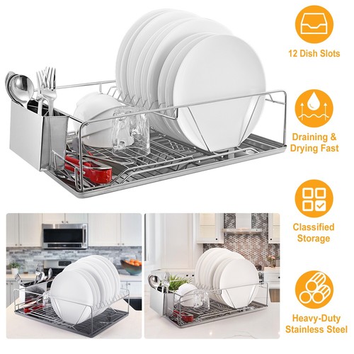 Stainless Steel Dish Rack Kitchen Drainer Organizer Shelf with Utensil Holder - Picture 6 of 17