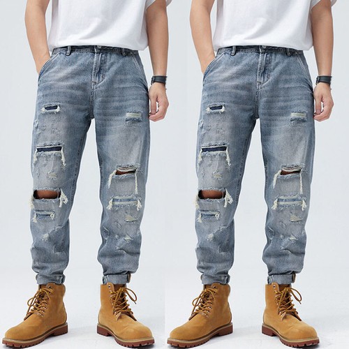 Fashion Mens Denim Ripped Holes Harem Pants Loose Jeans Long Casual Trouser Punk - Picture 5 of 5