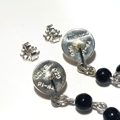 Mexico 3" Long Dangle Earrings Ball Onyx Bead Chain 925 Pierced TH-15 Vintage - Picture 4 of 5