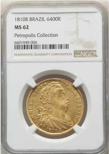 Brazil 1810 R Gold João Prince Regent 6400 Reis MS62 NGC, ex Petropolis!