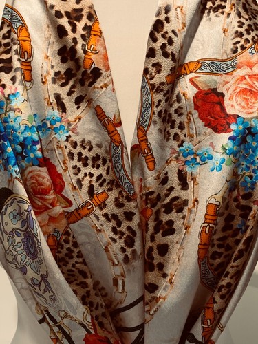 100% Mulberry Silk Satin Scarf Peach Roses & Leopard On Champagne - 65x190cm - Bild 3 von 12