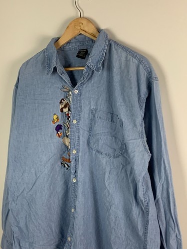 Vintage 90s Looney Tunes Warner Bros Denim Shirt XL Bugs Bunny Taz Tweety Unisex - Picture 7 of 11