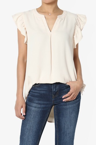 TheMogan S~3X Ruffle Flutter Sleeve Split Neck Hi Low Hem Relaxed Fit Blouse Top - Picture 117 of 122