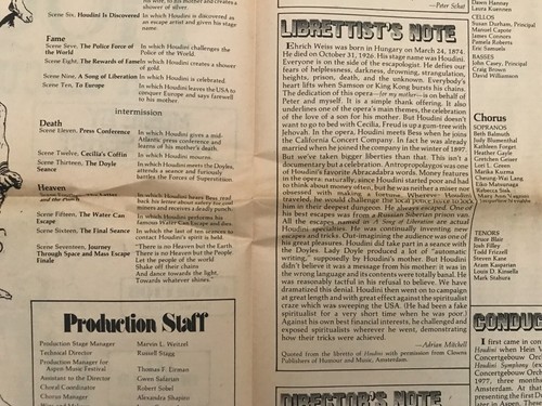 HOUDINI - A CIRCUS OPERA (1979) The Aspen Music Festival - Picture 3 of 4