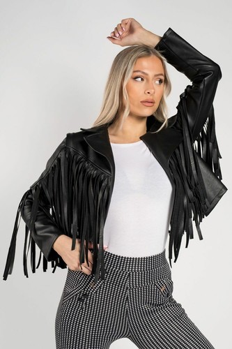 Women Ladies Faux Leather Fringe Cropped Jacket Coat Open Front PU Blazer 8-14 - Picture 4 of 13
