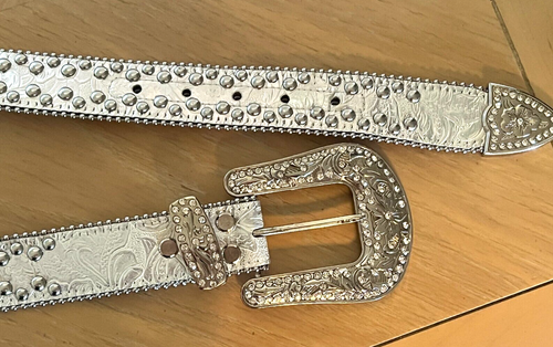 Blazin Roxx Floral Concho and Crystal Metallic Silver Leather Belt Sz XL - Picture 5 of 11