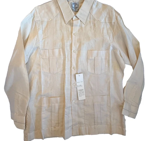 VTG ADOLFO GUAYABERA SHIRT MENS XL LONG SLEEVE 60% LINEN 40% COTTON CREAM 50x30