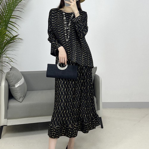 Women Pleated Casual Irregular Long Sleeved Top Half Skirt 2Pc Set Loose Set - Picture 4 of 17