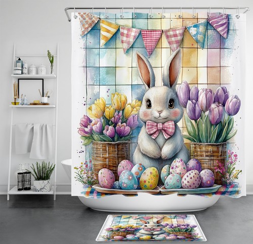 Juego de accesorios de baño cortina de ducha vintage púrpura floral conejito huevo de Pascua - Imagen 20 de 23