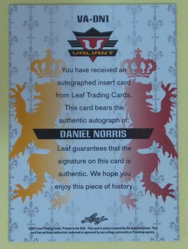 BB Daniel Norris 2011 Leaf Valiant Draft #DN1 AU - Picture 2 of 2