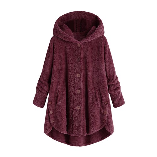 Women Hooded Faux Fur Coat Button Down Oversize Fuzzy Fleece Pullover Sweatshirt - Picture 14 of 19