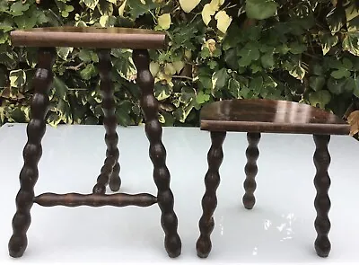 Buy VINTAGE FRENCH BOBBIN LEG STOOLS, WOODEN PLANT STANDS SIDE TABLES 46 & 31cm Tall