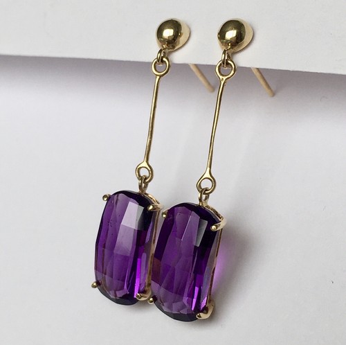Neu 14k Massiv Gelbgold Y/G Amethyst Ohrringe, Nieten, Dangling, Edelsteine - Bild 5 von 7