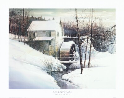 Rick Burger Mill Stream Snow Scene  27 3/4 x 22 in