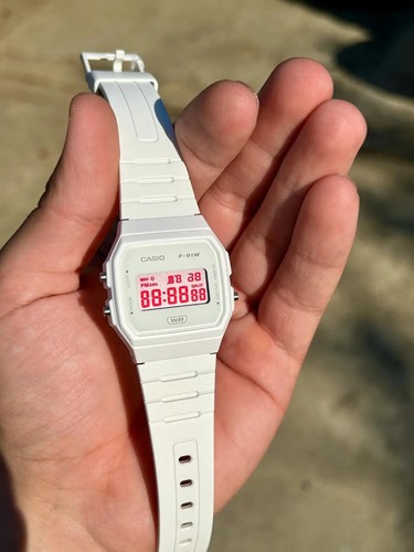 Minimal White – Modified Watch Based on Casio F-91W – White Case with Red Number