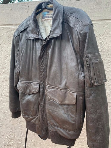 VTG AEROPOSTALE DISTRESSED LEATHER AVIATOR FLIGHT BOMBER JACKET USA FLAG SZ 40 - Picture 3 of 6