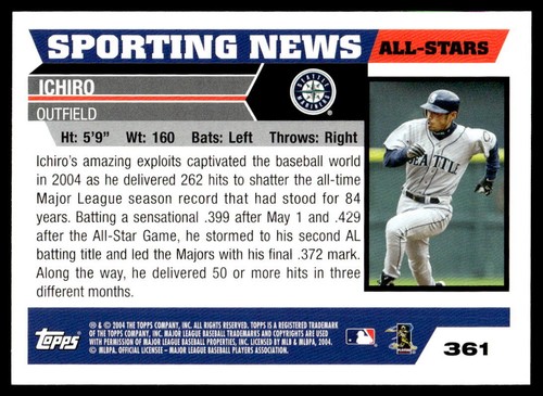 2005 Topps 1st Edition #361 Ichiro Suzuki Seattle Mariners MINT - Picture 2 of 2