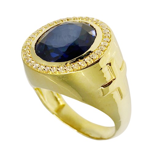 Men’s Bishop Ring Simulated Blue Sapphire Moissanite Oval Solid 14k Yellow Gold - Picture 2 of 10