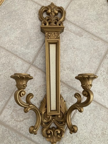 Vintage Syroco Wandleuchter Paar 4061, Paar MCM Doppel Kerzenhalter - Bild 4 von 6