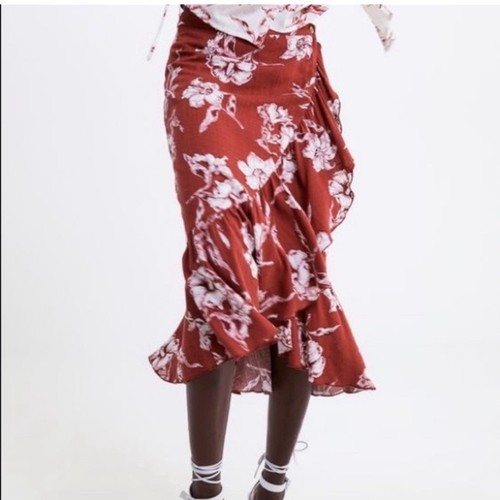 ZARA Red White Ruffled Floral Print Wrap Skirt Size Large Vacation Linen Blend - Picture 3 of 11