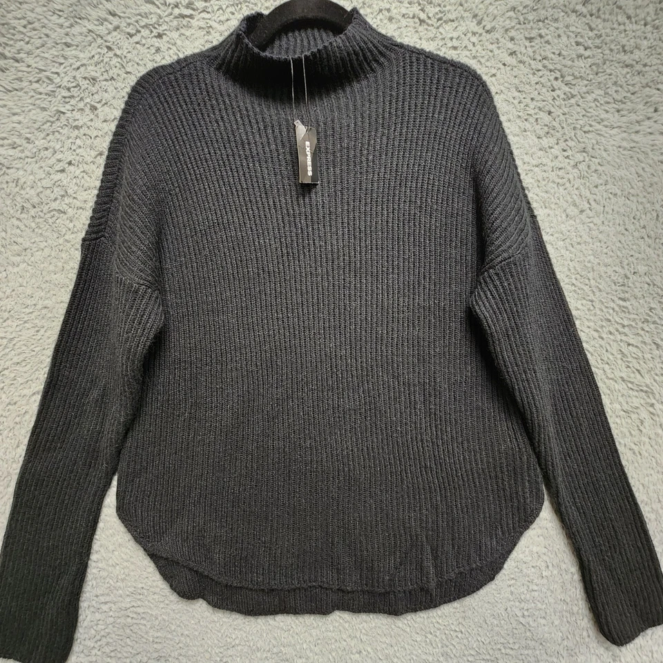 Suéter Express Mujer Grande Negro Acanalado Algodón Lana Mohair Mezcla Cuello Alto NUEVO Foto 4 de 4