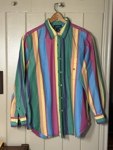 Vintage Polo Ralph Lauren Button Down Shirt Colorful Striped Block 80-90s Bright - Picture 1 of 6