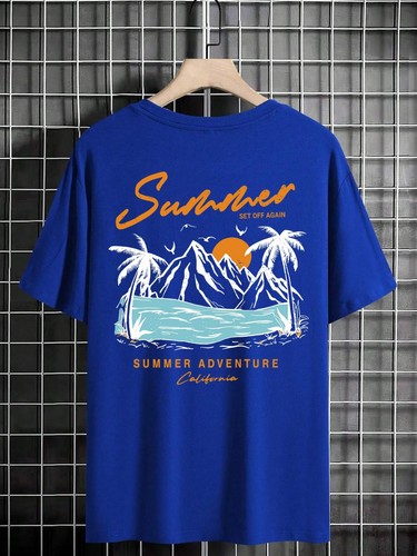 "Summer Set Off Again" Printed Short Sleeved Loose Fit Cotton T-Shirt For Men - Picture 16 of 22