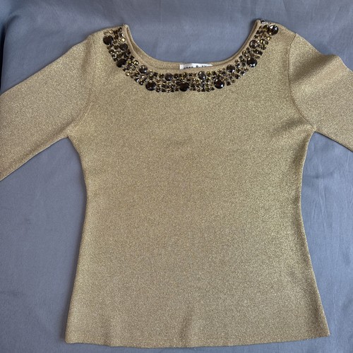 Sara & Lily Damen Top Bluse Medium Gold Glitzer Metallic Perlen Nieten - Bild 9 von 9