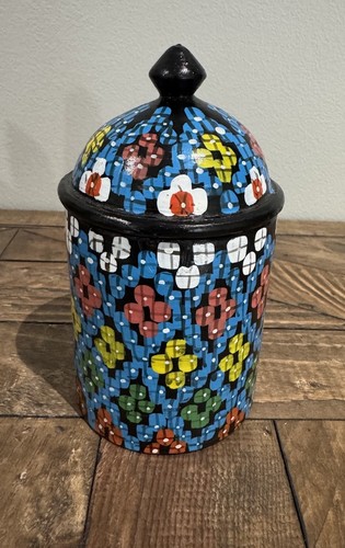 Vintage Hand Painted Clay Jar. Made in Morocco ~ Multicolored Trinket Lidded Jar - Picture 4 of 22