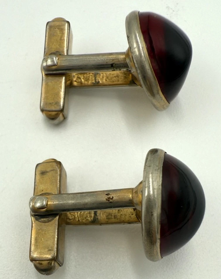 Vtg Swank USA Gold Tone Cufflinks Ruby Red Cabochon Mid-Century - Image 2 of 4
