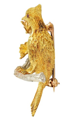 1960's Ruby Diamond 18 Karat Two-Tone Gold Vintage Bird on Branch Brooch - Picture 4 of 7