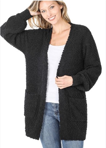 ZENANA Women’s Puff  Sleeve Popcorn Cardigan With Pockets Black Sz: S NWT - Imagen 1 de 5