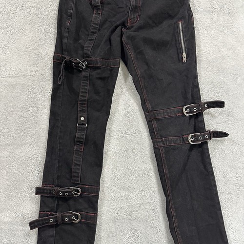 HT Hot Topic Denim Jeans Men 32 x 32 Black Red Stitch Skinny Belted Y2K Street - Picture 5 of 9