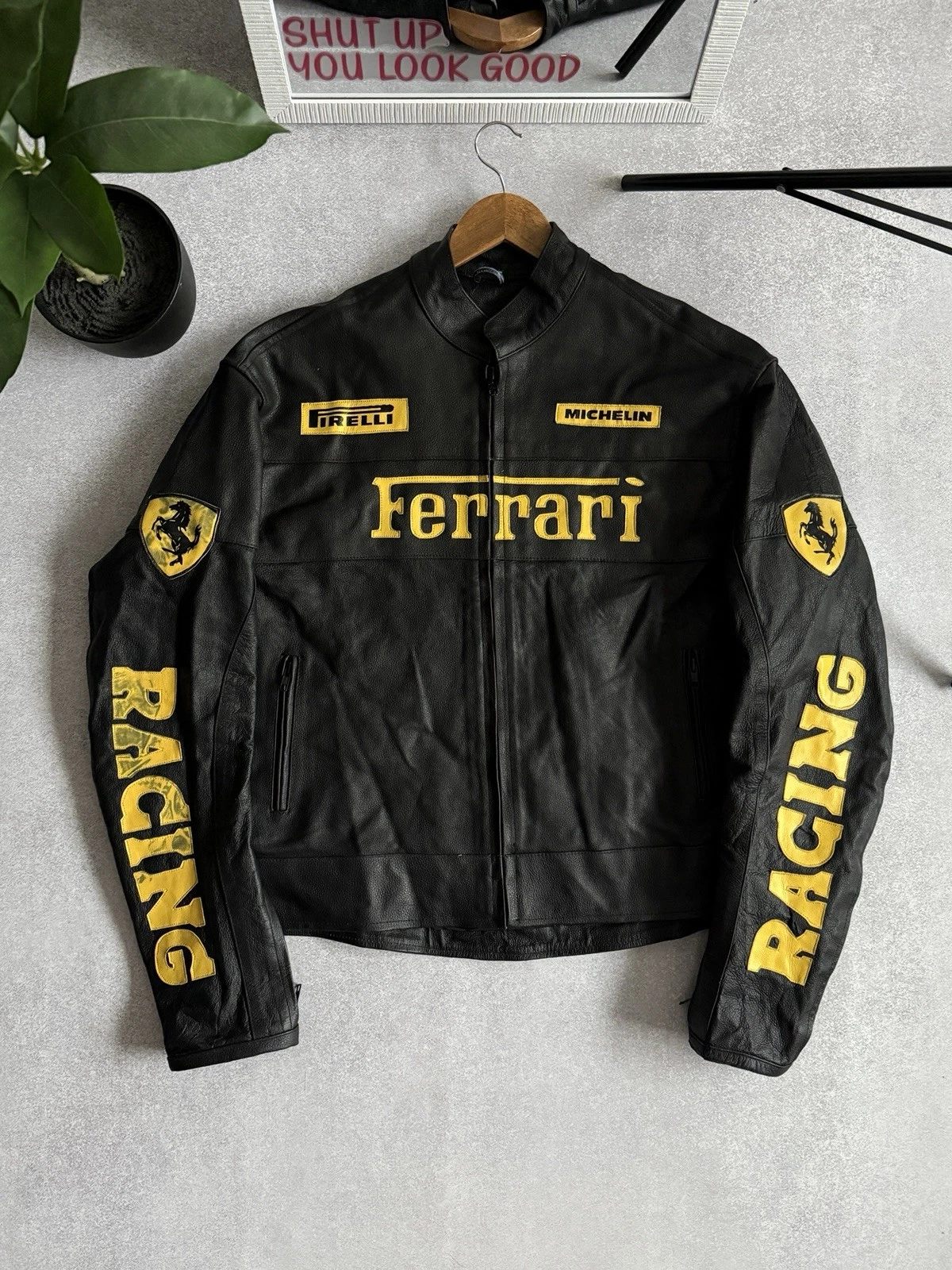 Vintage Ferrari Leather Biker Jacket Racing Black-Yellow Formula 1 Michelin image 1