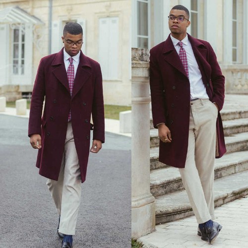 Soprabito uomo lana bordeaux lunghezza media doppiopetto ampio risvolto cappotti caldi - Foto 1 di 17