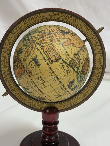 Vintage Desk Globe Cherry Wood Base Brass Pins 10.5 Inch Height - Picture 2 of 17