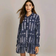 Norma Kamali Oversized Boyfriend Shirt Ruffle Bottom Tunic Blue Arrow Belt Sz XS