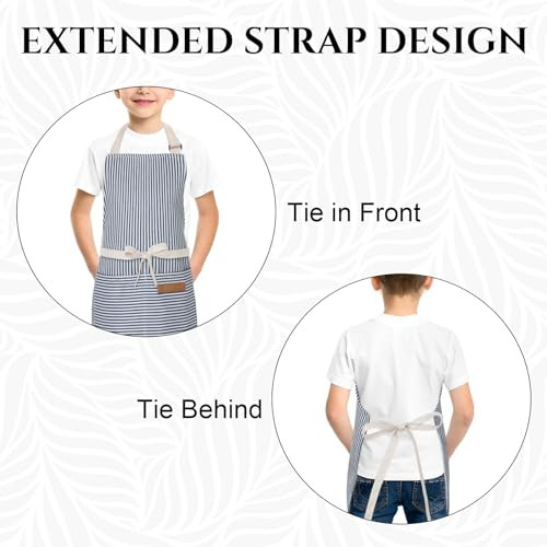 Stripes Kids Apron, Kids Cooking Aprons with 2 Pockets, 3 Black, Blue, Grey - Picture 5 of 6