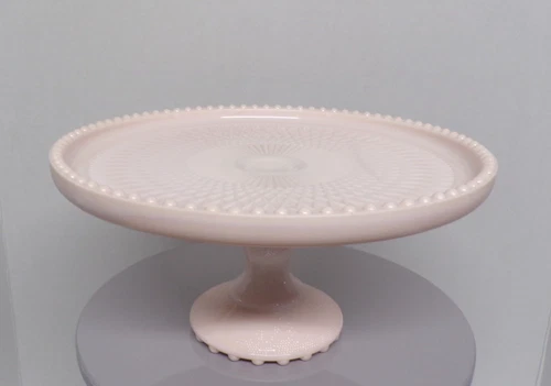 Vintage Jeannette Shell Pink Milk Glass Pedestal Cake Stand Beaded, Flawless