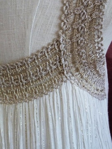 2-teiliges Vintage 70er griechisches Baumwollgaze Lurex Häkelkleid & Swing Jacke Topper Einheitsgröße - Bild 15 von 24