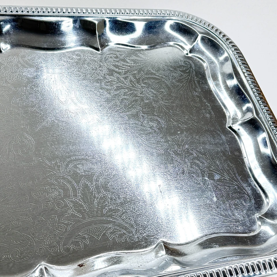 VINTAGE RECTANGULAR ENGRAVED CHROME PLATED SERVING TRAY - Image 2 of 4