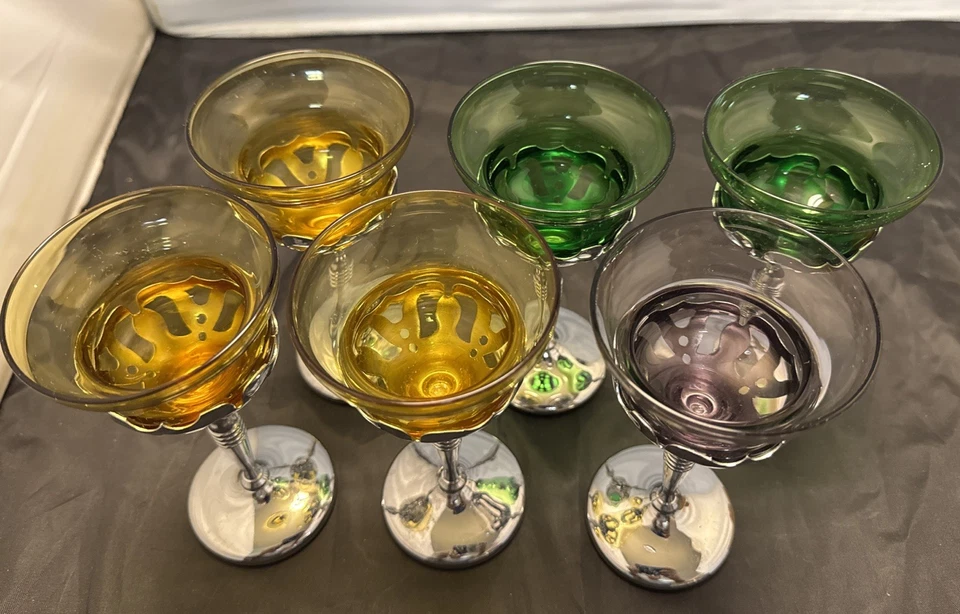 Lote de 6 taças de vinho Farber Bros Krome Kraft art déco forros de vidro Cambridge - Imagem 2 de 4