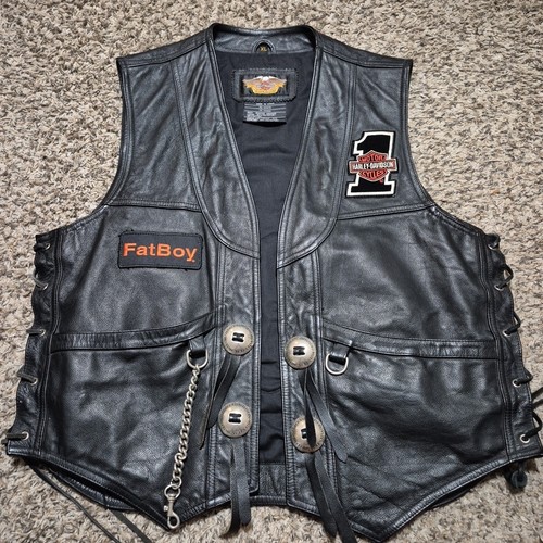 VINTAGE Harley Davidson Weste Herren XL schwarz Lederriemen Adler FatBoy Patches - Bild 4 von 12