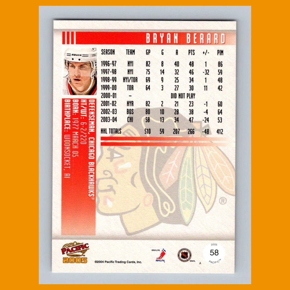 Bryan Berard #58 2004-05 Pacific Chicago Blackhawks Hockey Card NHL - Image 2 of 3